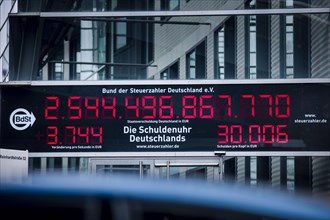 Symbolic photo: Germanys debt clock from the German Taxpayers Association Berlin, 02.03.2023, Berlin, Germany, Europe