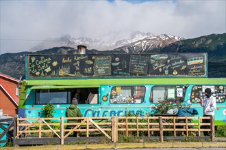 Food Truck La Cocina de Sole in an old bus, Villa Cerro Castillo village, Cerro Castillo National Park, Aysen, Patagonia, Chile, South America