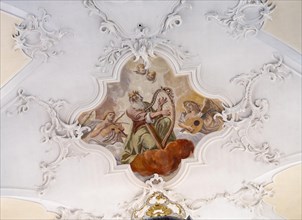 Ceiling painting in the Catholic parish church of St. Peter and Paul, former collegiate church, Romanesque columned basilica, Unesco World Heritage Site, Niederzell on the island of Reichenau in Lake ...