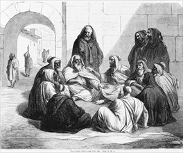 Boaz takes Elimelche's inheritance, men, group, gate, city wall, talk, robe, Bible, Old Testament, The Book of Ruth, chapter 4, verse 9, historical illustration c. 1850, Near East