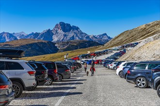 Parking cars at the car park at the Three Peaks, Dolomites, South Tyrol, Italy, Europe