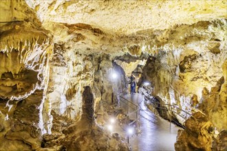 Baerenhoehle, with around 8, 000 visitors a year, the dripstone cave is the most visited show cave in the Swabian Alb, Sonnenbuehl, Baden-Wuerttemberg, Germany, Europe