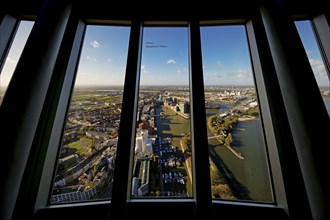 View from a window of the Rheinturm onto the Media Harbour and the Rhine, Duesseldorf, North Rhine-Westphalia, Germany, Europe