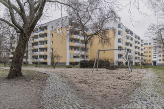 Abandoned playground in front of prefabricated buildings in the Marzahn district, photographed in Berlin, 01.02.2023., Berlin, Germany, Europe