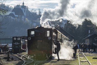 Steam locomotive ride of the Steyrtalbahn museum railway at Gruenburg station, Upper Austria, Austria, Europe