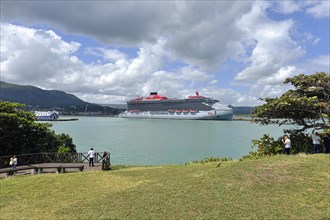 Cruise ship Scarlet Lady, shipping company Virgin Voyages, in the port of Puerto Plata, Dominican Republic, Caribbean, Central America