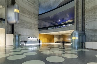 Foyer with futuristic lifts. Mercedes Museum, Stuttgarts most visited museum is part of the Mercedes-Benz World in Untertuerkheim and reminds us of the early days of the automobile with its vehicles a...