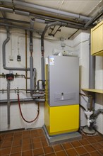 Gas boiler in basement room, insulated piping, North Rhine-Westphalia, Germany, Europe