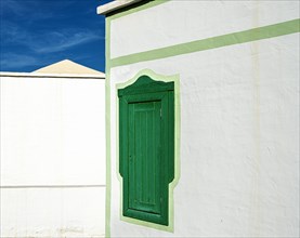 Facade detail, doors and windows on the residential buildings in Teguise, Lanzarote, Canary Islands, Spain, Europe
