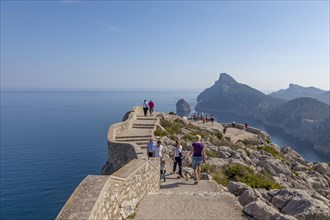 Tourists at the viewpoint Mirador des Colomer, Tramuntana Mountains, Majorca, Balearic Islands, Spain, Europe