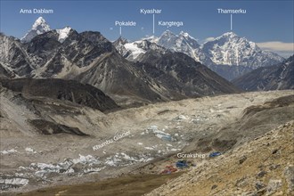 Mountain panorama seen from the trail leading toward the top of Kala Patthar above Gorakshep. The debris covered Khumbu Glacier is below and further down-valley are some six-thousands-plus peaks of th...