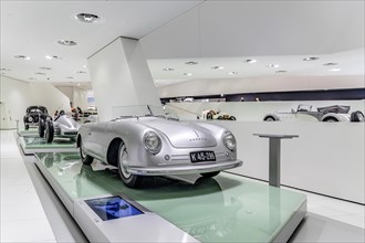 Porsche 356 No. 1 Roadster, built in 1948, classic car. Porsche Museum, Automuseum, Stuttgart, Baden-Wuerttemberg, Germany, Europe