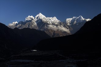 Mountain panorama seen from Thame village on an autumn evening with some high Himalayan peaks, including Malanphulan, Kangtega, Thamserku, Kusum Kanguru. Three Passes Trek. Khumbu, the Everest Region,...