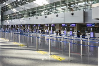 Duesseldorf Airport, DUS, departure hall, terminal, Airport International in lockdown during Corona crisis, hardly any travel and only few departure connections due to travel restrictions, Duesseldorf...