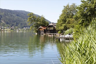Boathouses on Lake Ossiach, Villach region, Carinthia, Austria, Europe