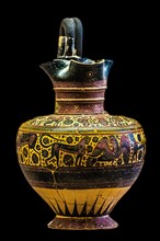 Jug with miniature scenes in black-figure technique, Proto-Corinthian phase 720-550 BC, Archaeological Museum in the former Order Hospital of the Knights of St. John, 15th century, Old Town, Rhodes To...