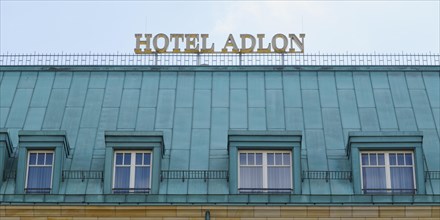 Dormer windows and lettering, Hotel Adlon, Pariser Platz, Berlin, Germany, Europe