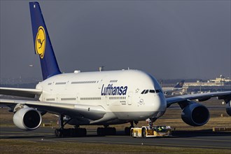 Lufthansa Airbus A380-800 with the name Germany, Taxiweg at the airport, Frankfurt am Main, Hesse, Germany, Europe