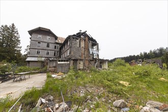 Once fashionable luxury hotels on the Black Forest High Road are crumbling and in ruins. One example is the former Hundseck spa hotel near Ottersweier, Baden-Wuerttemberg, Germany, Europe