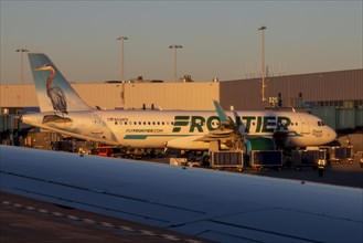 Detroit, Michigan, Frontier Airlines jet on the ground at Detroit Metro Airport