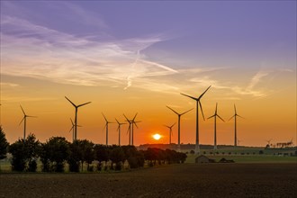 Wind turbines, wind turbines, wind farm in East Westphalia, fields, agriculture, evening, sunset, Lichtenau