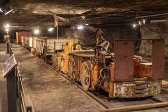 Hutchinson, Kansas, Old rail cars used in salt mining at the Strataca Underground Salt Mine Museum. Visitors can descend 650 feet and tour sections that have previously been mined. The Hutchinson Salt...