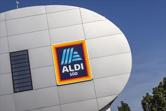 Aldi, advertising sign on the modern building of the branch in Tuebingen, Baden-Wuerttemberg, Germany, Europe