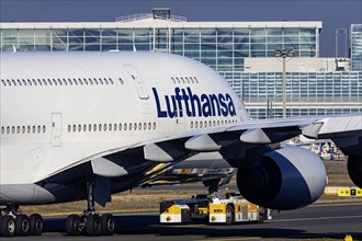 Lufthansa Airbus A380-800 with the name Germany, Taxiweg at the airport, Frankfurt am Main, Hesse, Germany, Europe