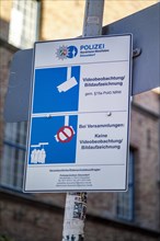 Police sign, video surveillance in the old town of Duesseldorf, Duesseldorf, North Rhine-Westphalia, Germany, Europe