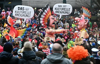Theme floats by Jaques Tilly: Cultural appropriation, Rosenmontagszug in Duesseldorf, North Rhine-Westphalia