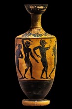 Naked men dancing in drunken ecstasy at Dionysian mysteries, olive oil jug, lekythos of the Leagros group cosmos, c. 500 BC from Kamiros, Archaeological Museum in the former Order Hospital of the Knig...