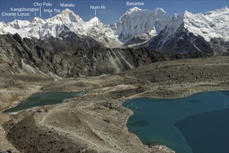 Imja Khola valley seen from Kongma La. It is the eight-thousander Makalu, the fifth-highest mountain on Earth, which is the highest in this view. Photo with peak labels. Khumbu, the Everest Region, Hi...