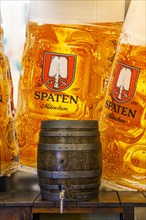 Wiesnaufbau, beer tavern in the Ochsenbraterei marquee, Oktoberfest, Theresienwiese, Munich, Upper Bavaria, Bavaria, Germany, Europe