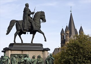 Equestrian statue for King Frederick William III of Prussia and Gross St. Martin Church, Cologne, Rhineland, North Rhine-Westphalia, Germany, Europe