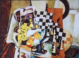 Oil painting by Volker von Mallinckrodt in the Cubist style, Cubism, with fruit, grapes, apples, chessboard, chess pieces and guitar