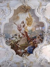 Ceiling painting in the Catholic parish church of St. Peter and Paul, former collegiate church, Romanesque columned basilica, Unesco World Heritage Site, Niederzell on the island of Reichenau in Lake ...