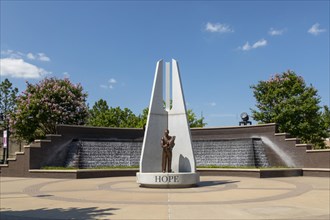 Tulsa, Oklahoma, Hope Plaza at John Hope Franklin Reconciliation Park. The park is a memorial based on the 1921 race massacre in which many African-Americans were murdered and the Greenwood District b...