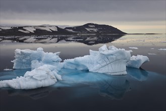 Blue iceberg with reflections and visible ice underwater drifting in Hinlopen Strait, Spitsbergen, Svalbard