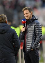 Coach Julian Nagelsmann FC Bayern Munich FCB interview, microphone, logo, SKY, Allianz Arena, Munich, Bayern, Germany, Europe