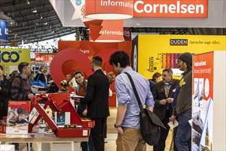 Trade fair stand of the textbook publisher Cornelsen. The trade fair Didacta is Europes largest education trade fair, target groups are teachers and trainers at kindergartens, schools and universities...
