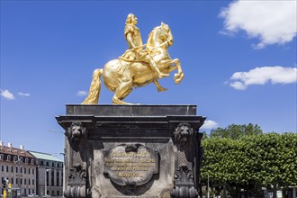 Golden Rider, August the Strong as a golden equestrian statue at the end of the main street on Neustaedter Markt, Dresden, Saxony, Germany, Europe