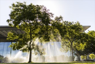 A meadow and a tree are watered in front of the Paul-Loebe-Haus in the government quarter Berlin, 22.06.2022., Berlin, Germany, Europe