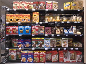Shelf with different cereals in a supermarket, Bavaria, Germany, Europe
