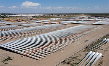 Garden City, Kansas, Wind turbine blades and other turbine parts are stored at the Wind Power Component Distribution Center operated by Transportation Partners and Logistics