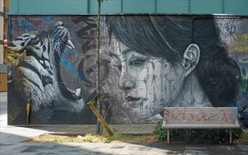 Woman and Tiger with open mouth, Street Art, Bristol, England, Great Britain