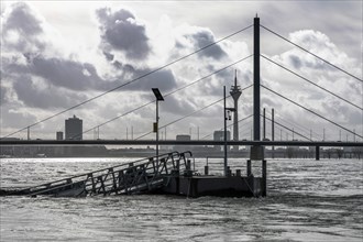 Flooding on the Rhine in Duesseldorf, a flooded pier at Oberkassel Bridge, city centre, old town, skyline, Duesseldorf, North Rhine-Westphalia, Germany, Europe