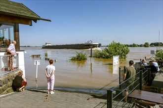 Flooding after heavy rain on the Rhine in Xanten, here at the restaurant Zur Rhine ferry Xanten, freighter of inland navigation, Xanten, North Rhine-Westphalia, Germany, Europe