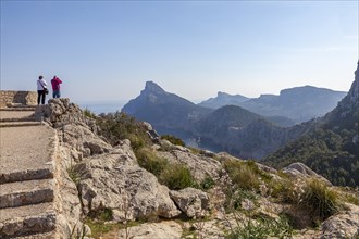 Tourists at the viewpoint Mirador des Colomer, Tramuntana Mountains, Majorca, Balearic Islands, Spain, Europe