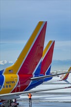 Denver, Colorado, Southwest Airlines jets on the ground after a snowstorm at Denver International Airport