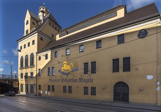 Brewery building with the symbol of the traditional Riegele Brewery, Augsburg, Bavaria, Germany, Europe